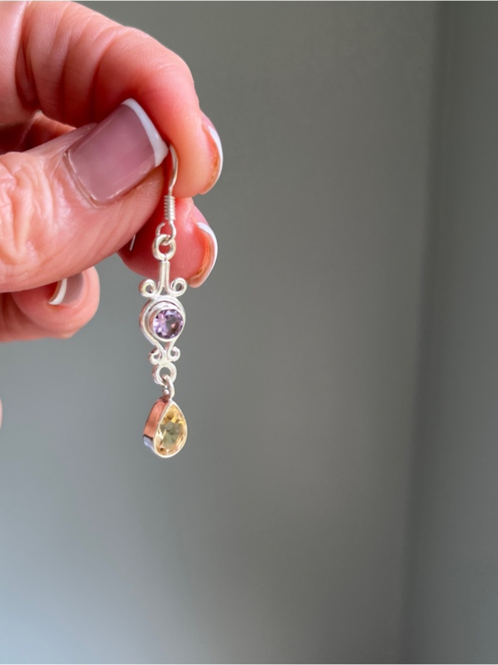Sterling Silver Amethyst and Citrine Drop Earrings - Purple and Yellow - Picture 5 of 5